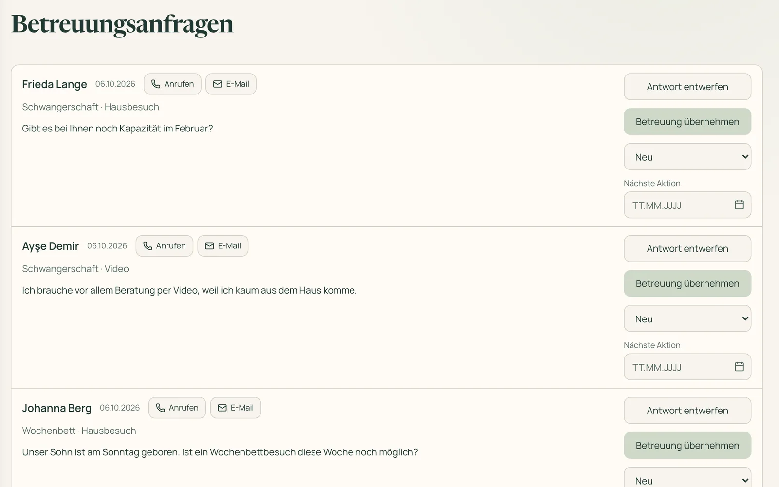 Betreuungsanfragen mit Phase, Wunsch, Nachricht und Aktionen wie Antwort entwerfen und Betreuung übernehmen